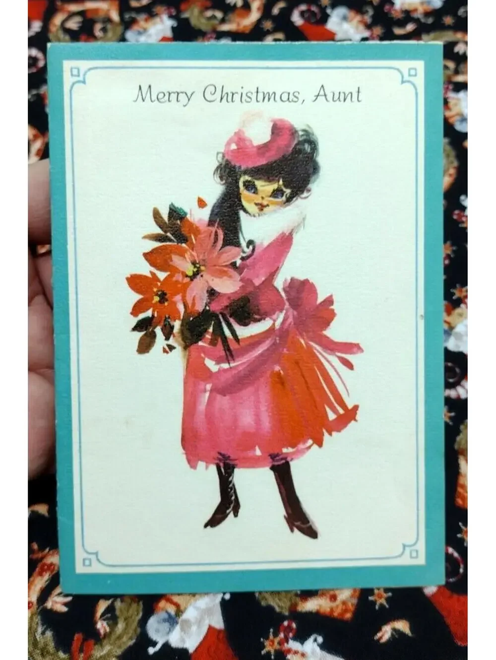 Vintage Merry Christmas Card AUNT 1960s Fashion Big Eye Girl MCM RUST CRAFT CARD